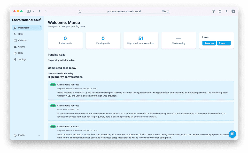 Conversational Care platform dashboard